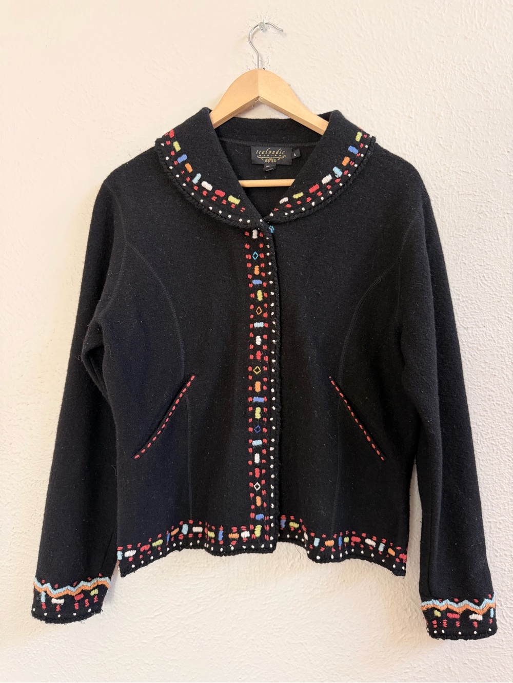 Icelandic Designs black wool embroidered sweater jacket